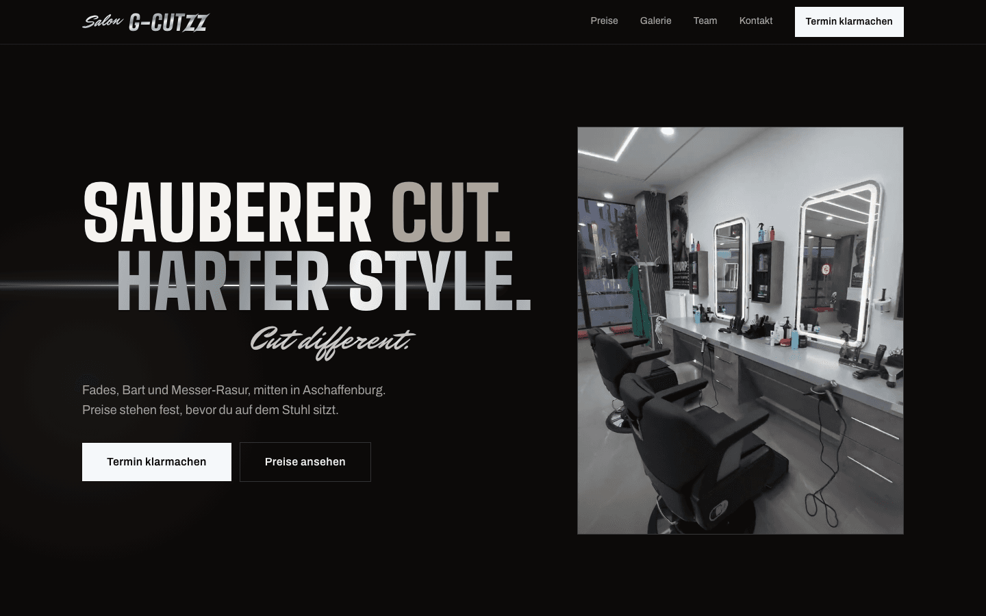 Startseite der Salon G-Cutzz Website mit dunklem Design