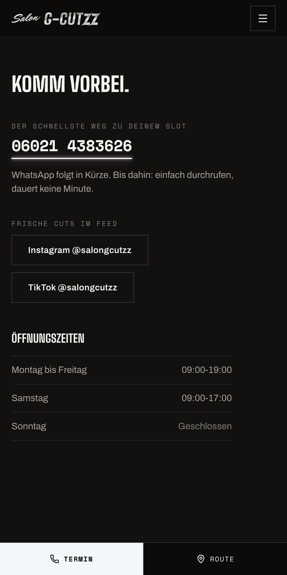 Mobile Kontaktseite der G-Cutzz Website