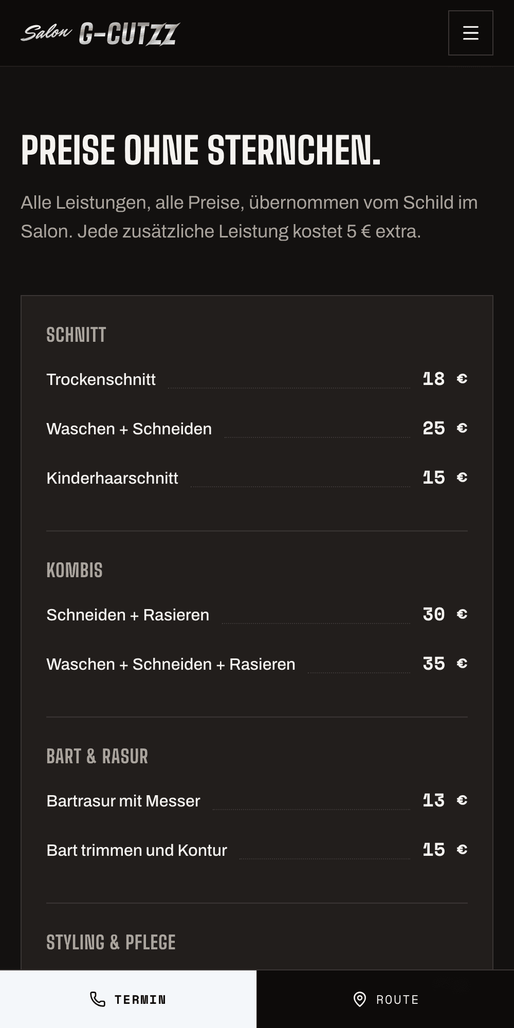 Mobile Preisliste der G-Cutzz Website